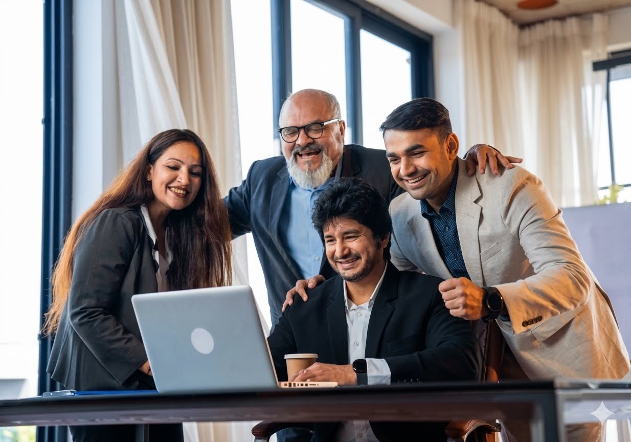 Business team collaborating around a laptop